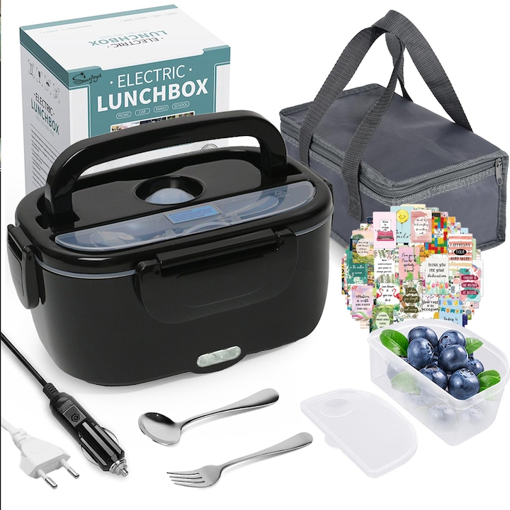 Cutie alimentara electrica 3 in 1 SWJOYOL, 1.5L, Negru, 23x16x10cm, 80w, cu furculita, lingura si cabluri de alimentare