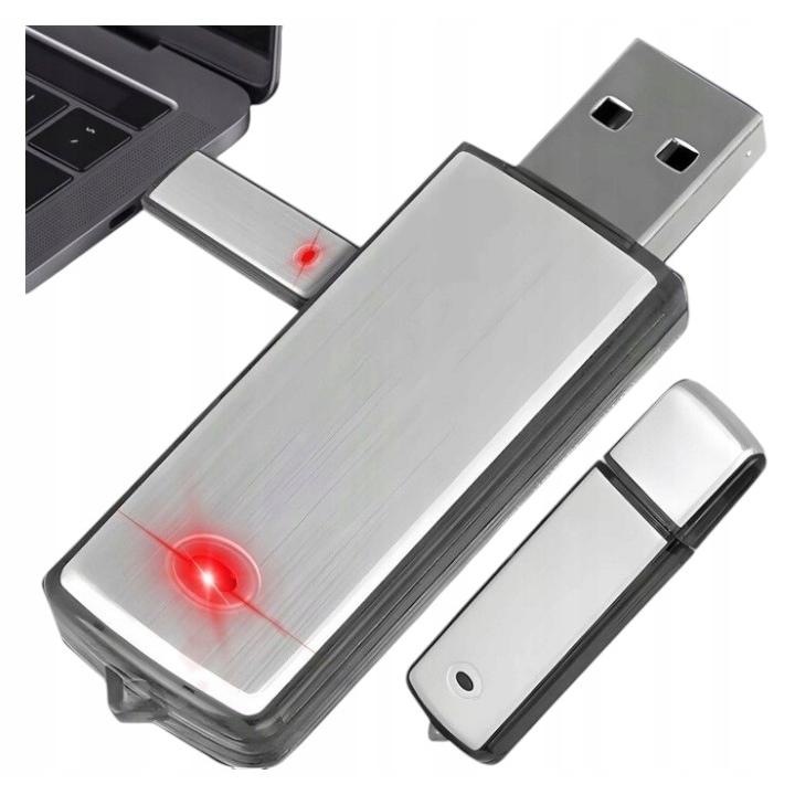 Pendrive formájú kémdiktafon készlet, Aljzat, Felvételi tartomány: Akár 8 méter, Felvételi minőség: 192 Kbps, Akkumulátor üzemidő: 14-16 óra, Fájlformátum: Wav, 6,3 cm X 2,2 cm X 0,9 cm, Ezüst