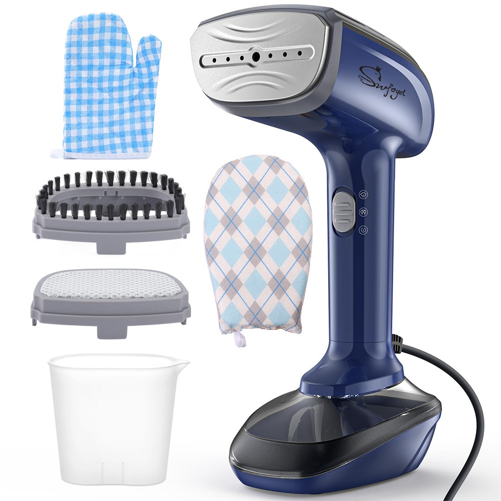 Aparat de calcat cu aburi, SWJOYOL, 1800W, 300ml, albastru, 26x14x13cm, cu perie pentru scame si manusi rezistente la caldura