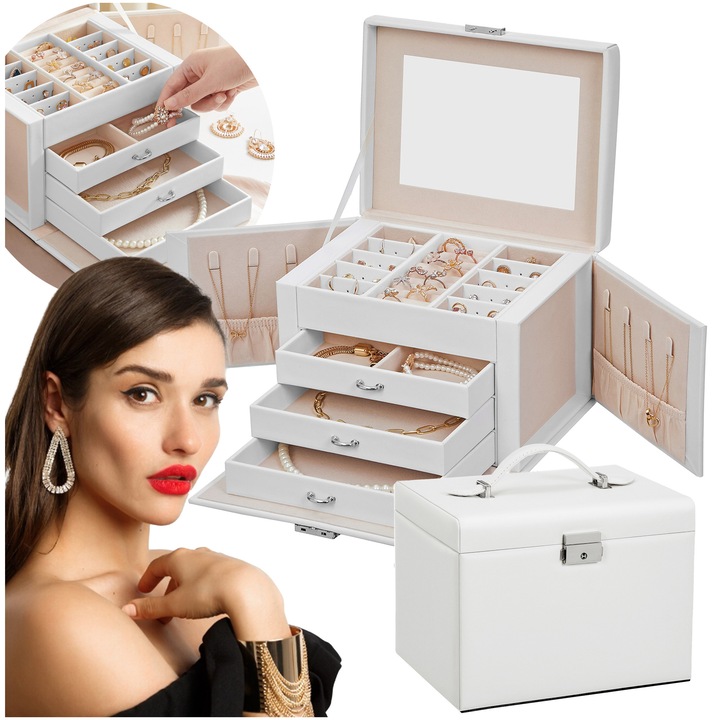 Ékszertartó doboz, Songmics, 4 szintes, 2 zsebes, fehér, 22,5x17,5x16,5cm