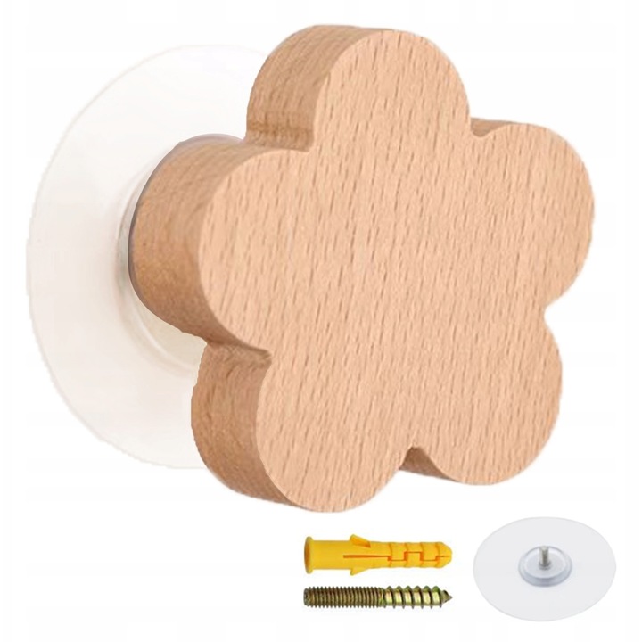 Cuier in forma de floare, SMX Design, din lemn natural, 6,5x6,5cm, set de montaj inclus