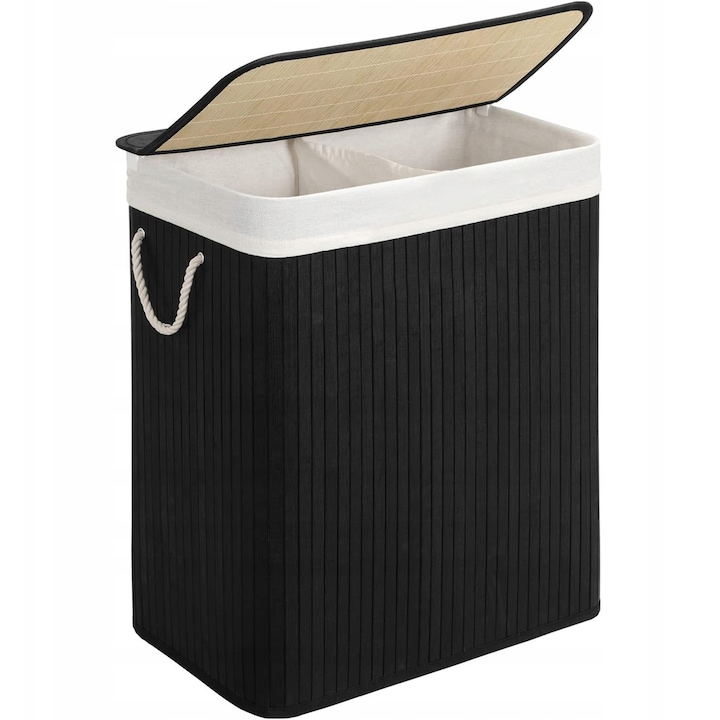 Бамбуков кош за пране с 2 отделения, черен, 100 л, 31,5x51,5x61,5 см