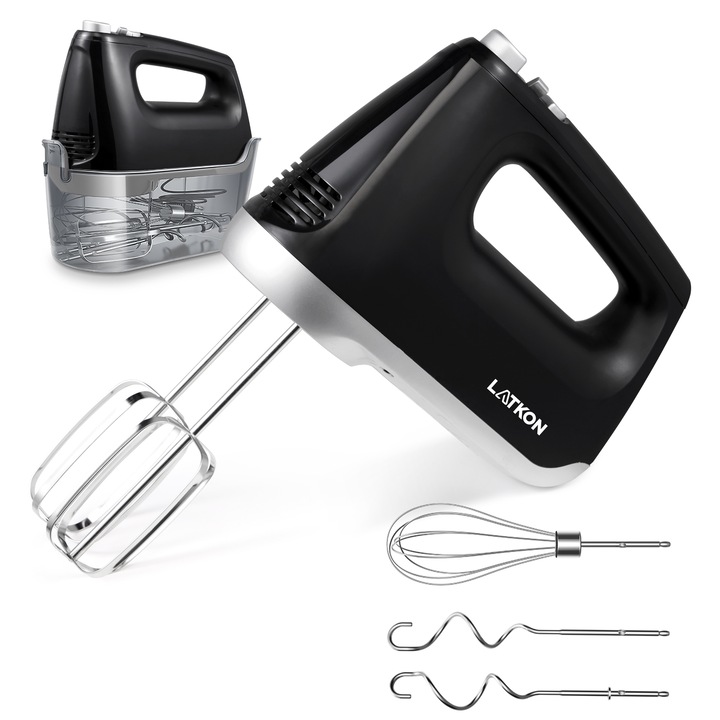 Ръчен миксер Latkon® HMLTK01, 400 W, 6 скорости, турбо функция, кутия за съхранение, бъркалки и куки от неръждаема стомана, черен/сребрист