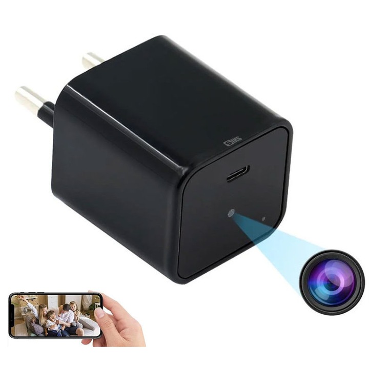 Мини шпионска камера, скрита в USB Type C зарядно SIKS, Full HD, нощно виждане, възможност за свързване към телефон и CCTV система, лесен монтаж, с микрофон и сензор за движение, слот за SD карта, черен цвят
