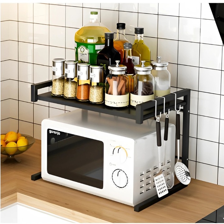 Разтегателна метална стойка за микровълнова фурна, кухненски органайзер, място за съхранение, многофункционална, размери 41-63 x 36 x 42 см, черна