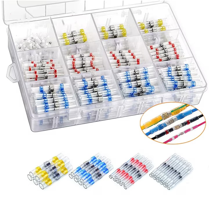 Set 300 conectori electrici termocontractibili profesional, Axroad Mall, Rezistent la praf si umiditate si rezistent la apa, Cu cutie de transport, Pentru proiecte auto, marine lipire conductori electrici, PE, Multicolor