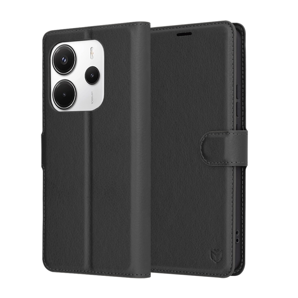 Husa pentru Xiaomi Redmi Note 14 5G, SKYDDAR INNOVATION, Leather Folio tip Carte, cu Portofel Interior, Finisaje Premium, set cu sticker, Negru