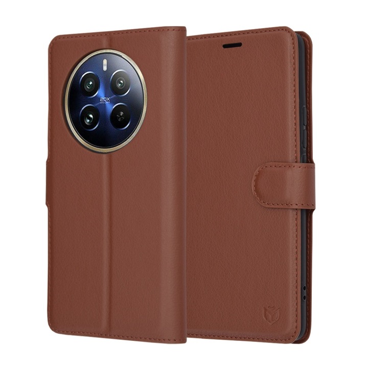 Husa pentru Realme 12 Pro / 12 Pro+, SKYDDAR INNOVATION, Leather Folio tip Carte, cu Portofel Interior, Finisaje Premium, set cu sticker, Maro