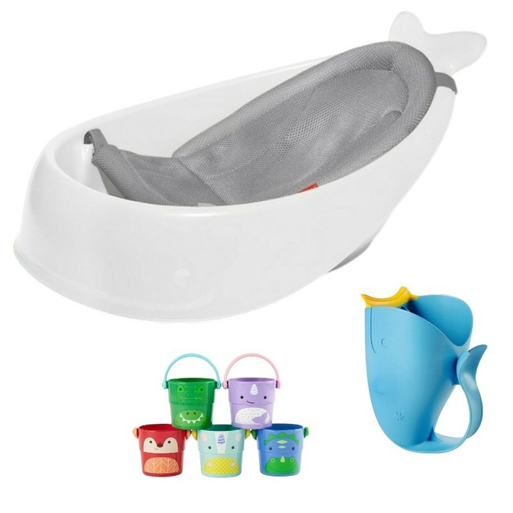 Комплект за хигиена Skip Hop: контейнер за изплакване, играчки за вана и умна ваничка, с подвижна опора, за 3 етапа на растеж, 2 ергономични позиции, неплъзгащ се, без PVC и фталати, 0+ месеца, 70 x 48 x 29 см, бял/сив
