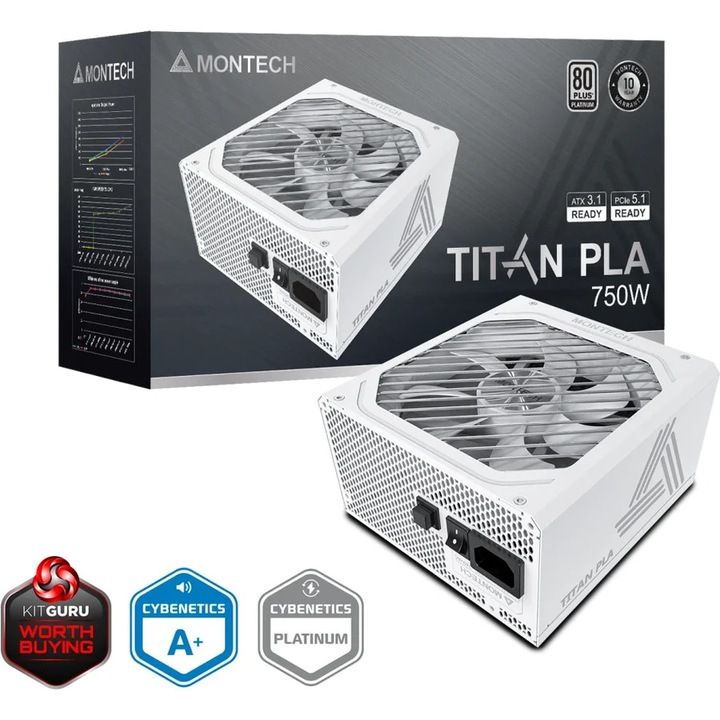 Sursă de alimentare MONTECH Titan PLA 750W, 80 PLUS Platinum, modulară, Alb