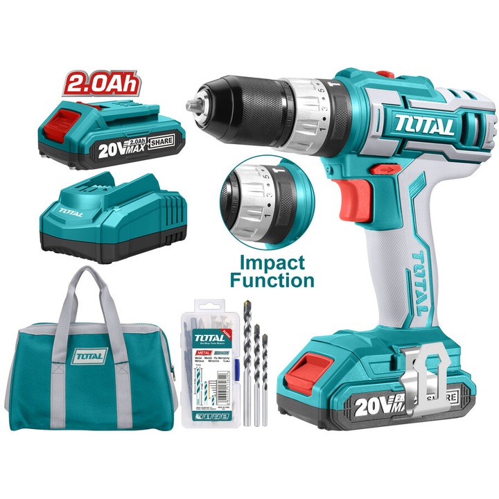 Masina de gaurit cu percutie Total, 20V, 2 acumulatori, 50 accesorii