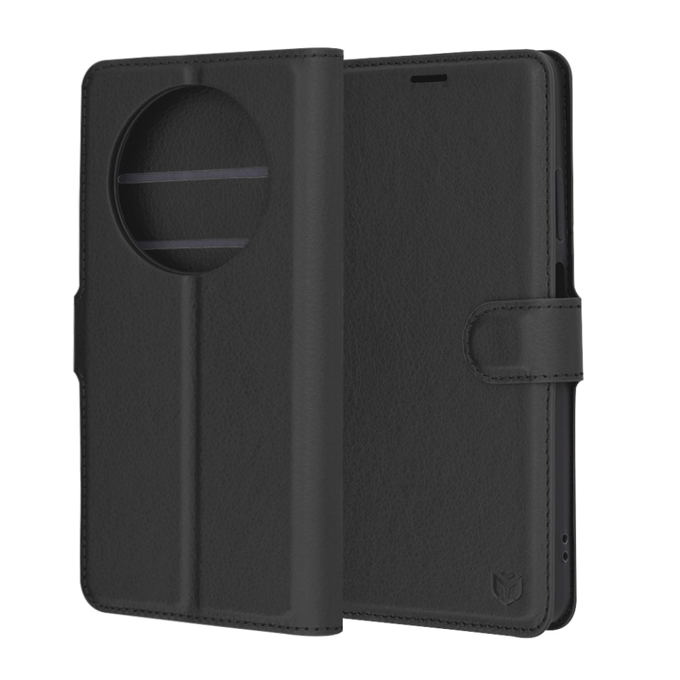 Husa pentru Oppo Reno12 F 5G / Reno12 FS 5G / Reno12 F 4G / Reno12 FS 4G, SKYDDAR INNOVATION, Leather Folio tip Carte, cu Portofel Interior, Finisaje Premium, set cu sticker, Negru