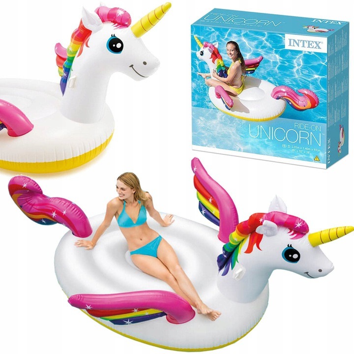 Saltea de plaja Intex, model unicorn, 201x140x97cm, multicolor, capacitate maxima 40kg