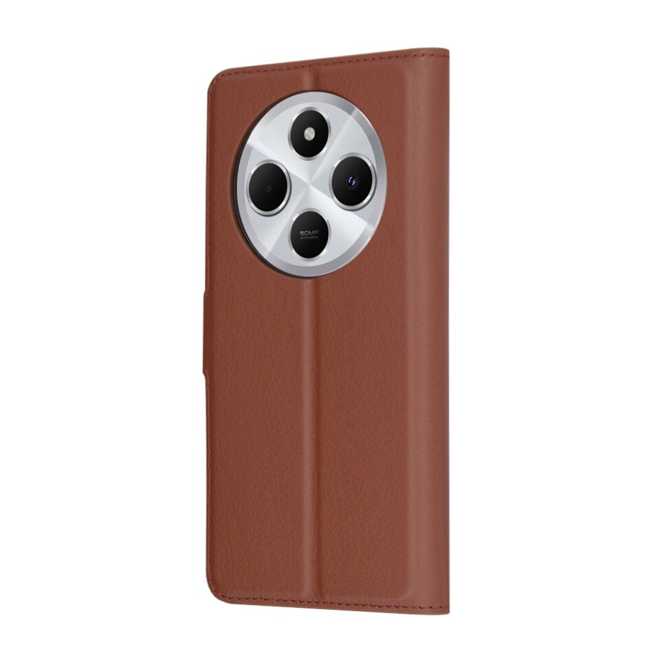 Husa pentru Xiaomi Redmi 14C / Poco C75, SKYDDAR INNOVATION, Leather Folio tip Carte, cu Portofel Interior, Finisaje Premium, set cu sticker, Maro