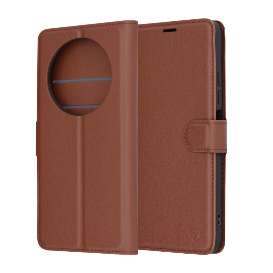 Husa pentru Xiaomi Redmi 14C / Poco C75, SKYDDAR INNOVATION, Leather Folio tip Carte, cu Portofel Interior, Finisaje Premium, set cu sticker, Maro