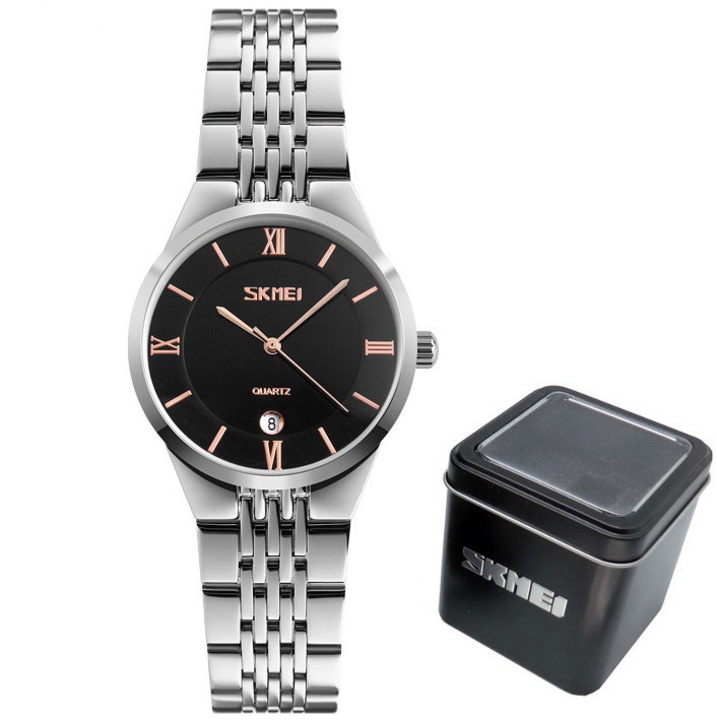 Ceas unisex SKMEI ELEGANCE, mecanism japonez, sticla minerala, inoxidabil