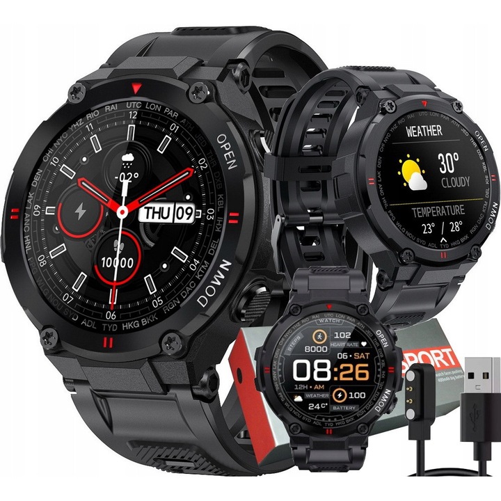 Smartwatch barbati, SENSORR, ecran tactil IPS HD, monitorizare sanatate, negru, 48x13mm