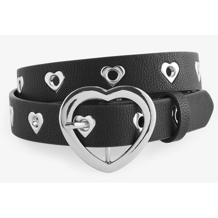 Női öv, importált, fekete, 106 cm, ezüst színű, szív alakú nyolcszögekkel
