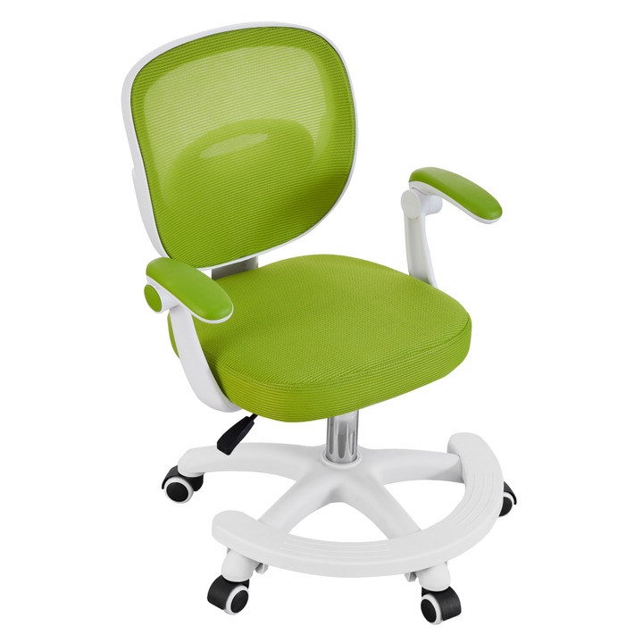 Scaun pivotant, verde/alb, rotativ, inaltime ajustabila, baza din metal, roti din plastic, tapiterie plasa, cotiere rabatabile, suport pentru picioare, 59x50x81-91 cm