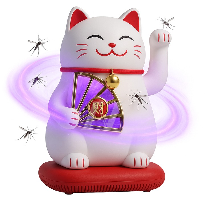 Aurov® Dekoratív Szúnyogriasztó Lámpa, UV Fénnyel és Csendes Ventilátorral, Szerencsemacska Maneki Neko Mintával, Vegyszermentes, Gyermekek és Háziállatok Számára Biztonságos, USB Töltéssel