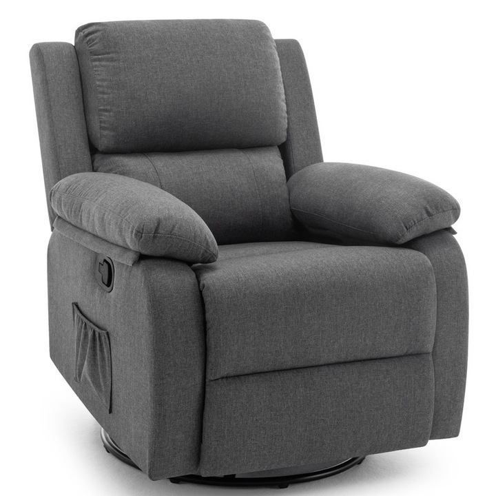 Fotoliu reclinabil Korser, mic, 360° rotativ, 30° miscare usoara de leganare, 105-165° inclinare ajustabila, 73 x 89 x 96 cm, Gri inchis