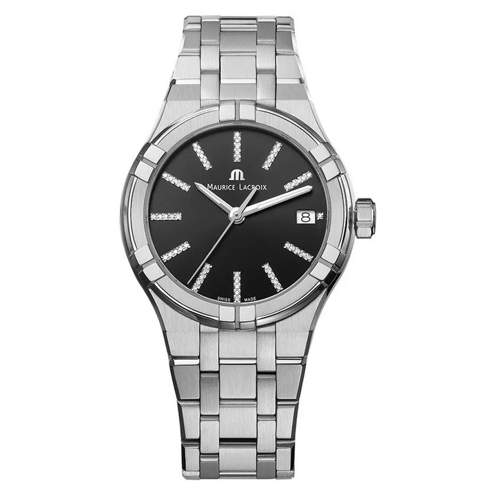 Ceas dama Maurice Lacroix AIKON AI1106-SS002-350-1, bratara din otel inoxidabil, cadran negru cu diamante, 35mm, rezistent la apa 100m