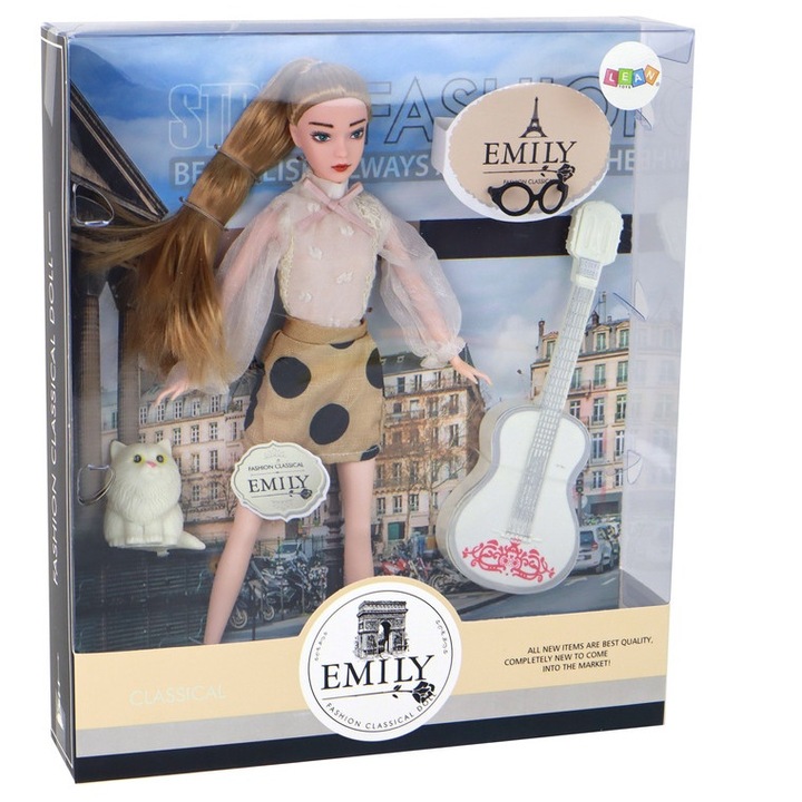 Emily baba macskával és gitárral, 30x7x4cm