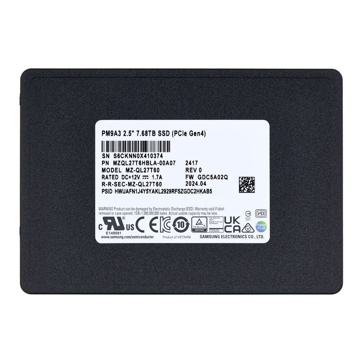 Samsung PM9A3 7.68TB U.2 NVMe Gen4 SSD, 6800 MB/s четене, 4100 MB/s запис, 7x70x100mm