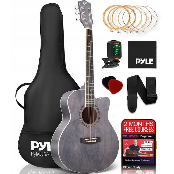 Set chitara acustica 3/4 pentru incepatori, Pyle, negru mat, 91,4x37x10,2cm