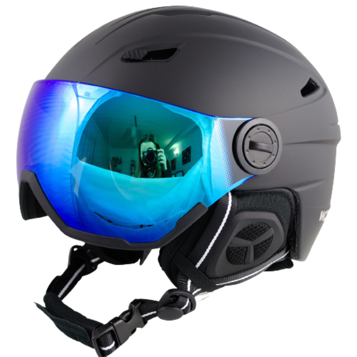 Cască de schi/snowboard, WOOSH, negru mat, vizor albastru, 57-58 cm, set cu husă