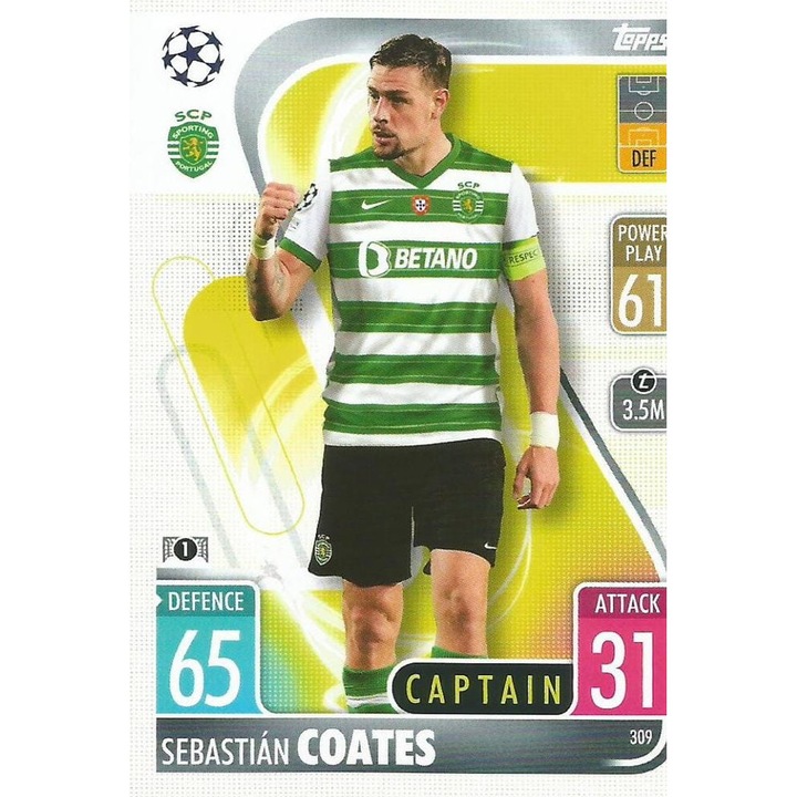 Topps Match Attax társasjáték szett 2021/22 309 Sebastian Coates, Sporting Clube de Portugal, csapatkapitány