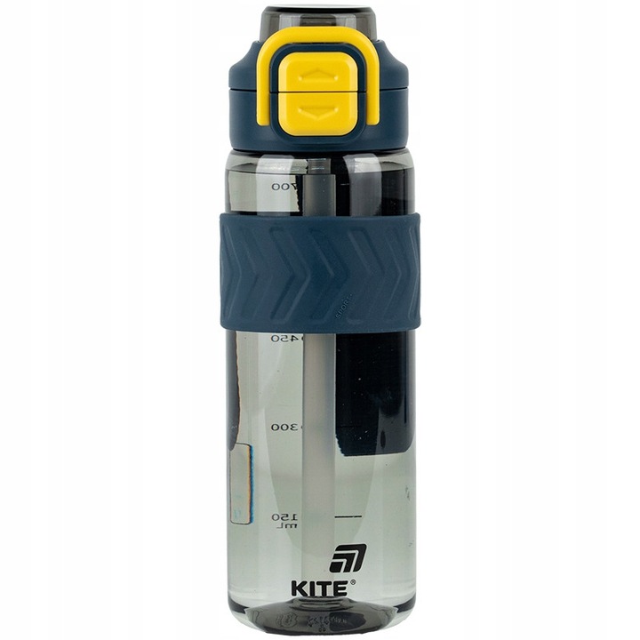 Sticla de apa cu o curea ca maner Kite, 800 ml, Tritan, fara BPA, cu pai silicon si capac flip-top etans, cu scala gradata (ml), pentru scoala, activitati zilnice si calatorii, sport, transparent