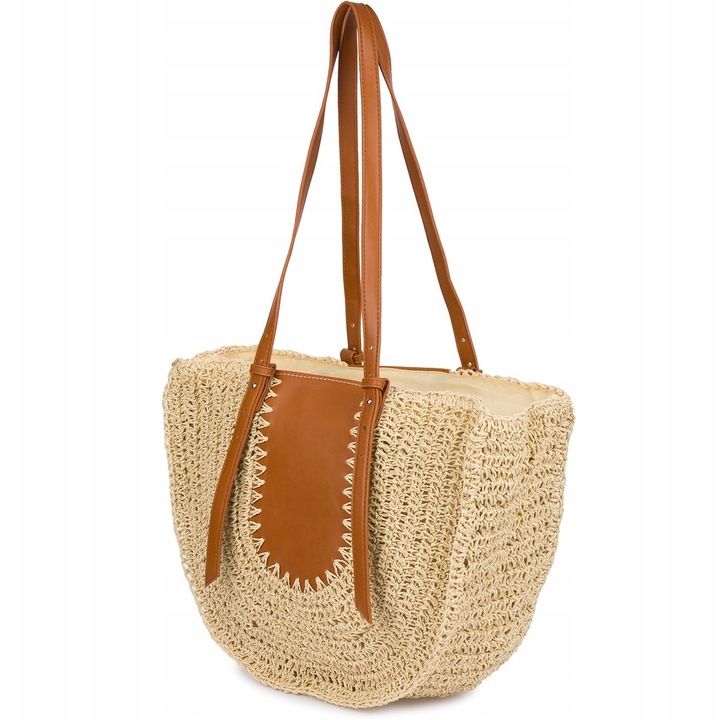 Nagy bézs színű bohém táska cipzárral, 36x30x13cm, nyári viseletre