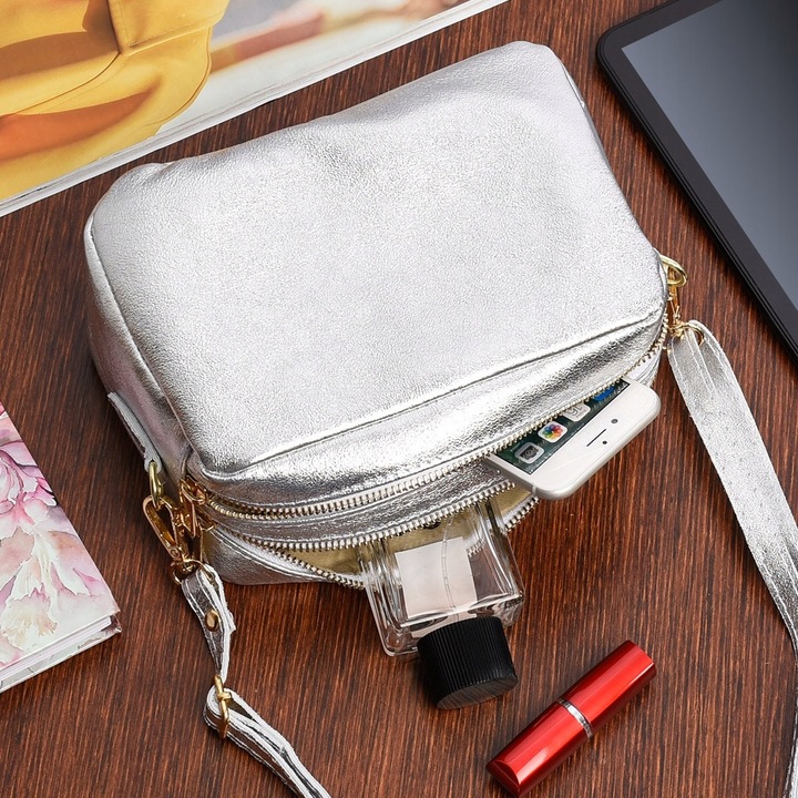 Női táska, Vera Pelle, valódi bőr, ezüst, 21x14x10cm