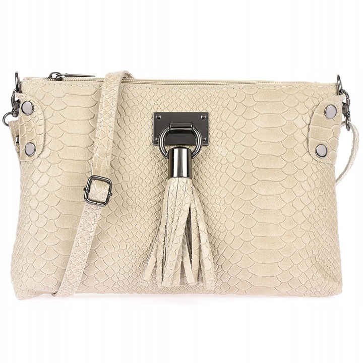 Valódi bőr válltáska, Beltimore, ekrü színű, méretei 17x10cm, rojtokkal, állítható.