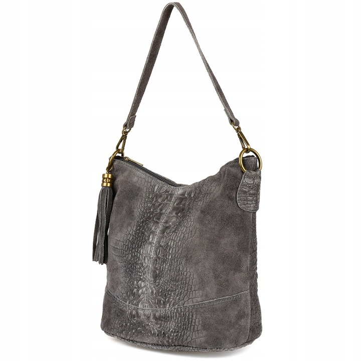 Чанта за пазаруване от естествена кожа, Beltimore, голяма, сива, с детайли от крокодилска кожа, закопчаване с цип