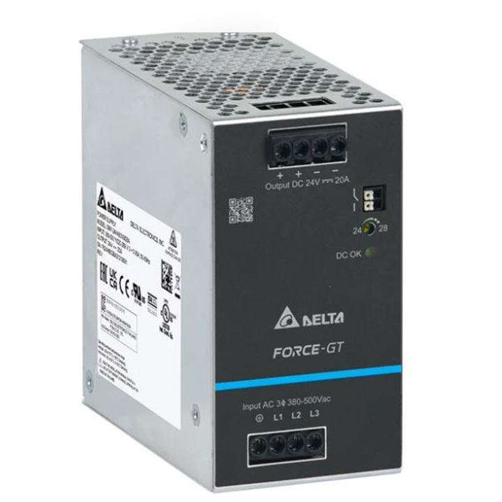 Sursă de alimentare DIN 24V 20A Delta DRF-24V480W3GBA, eficiență energetică ridicată, funcționare silențioasă, 120x75x30cm