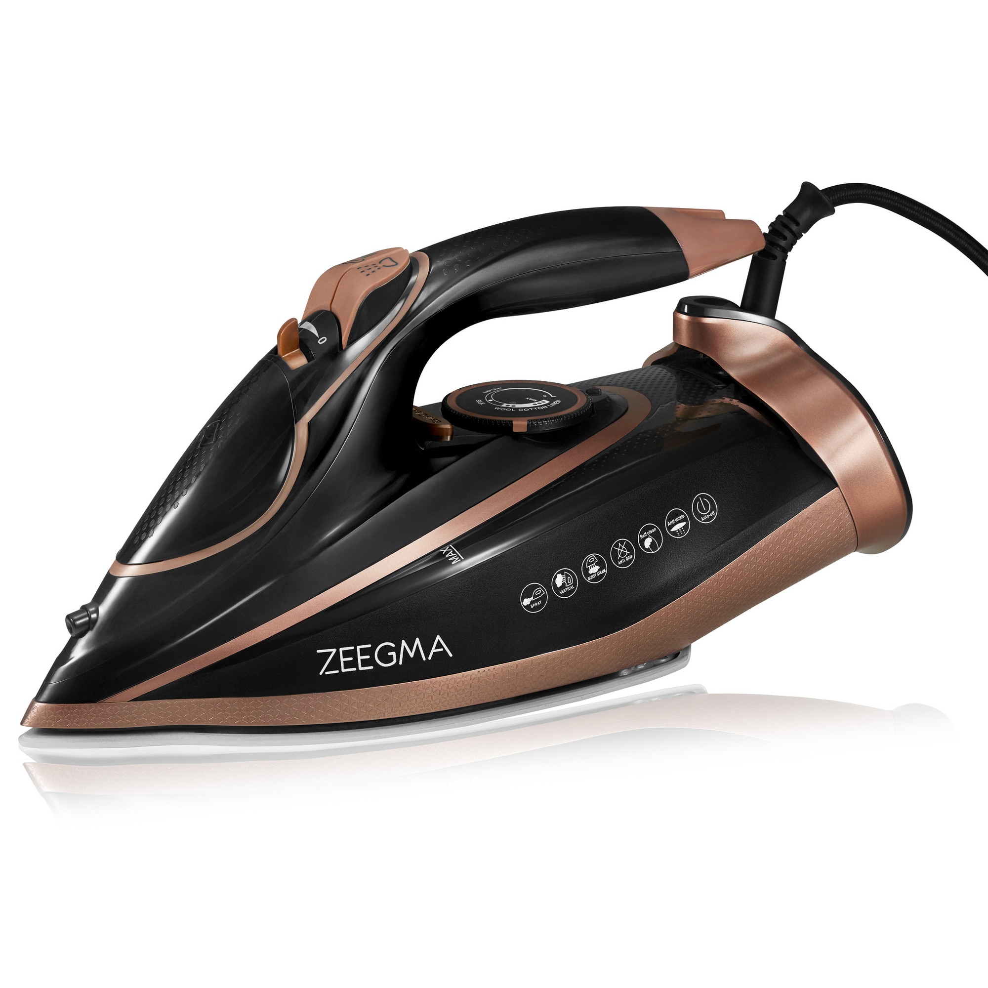 Fier de calcat Zeegma Irone Base Black Gold, 3100 W, Abur variabil 40 g/min, 320 ml, Sistem anti picurare, Functie anticalcar, Aur