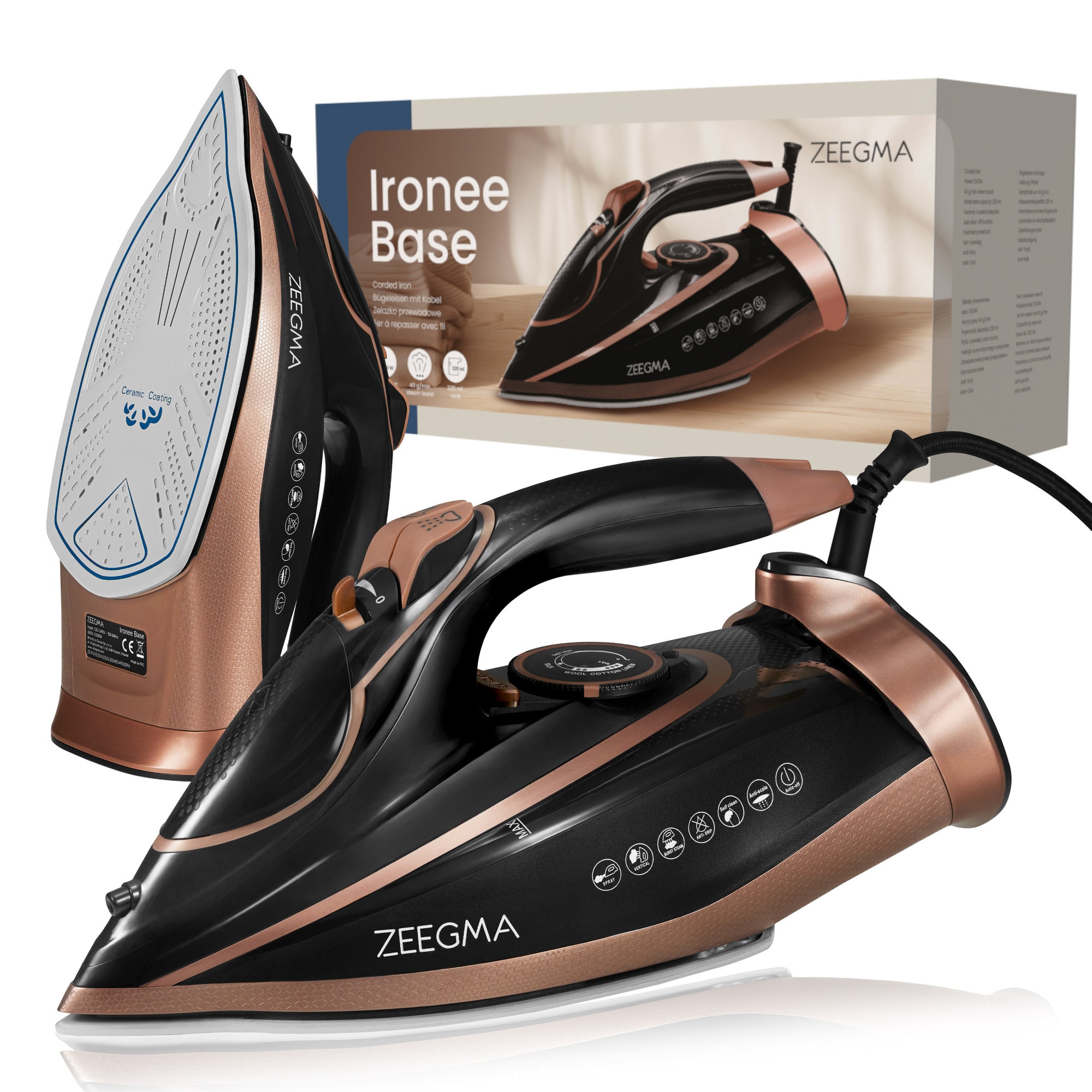 Fier de calcat Zeegma Irone Base Black Gold, 3100 W, Abur variabil 40 g/min, 320 ml, Sistem anti picurare, Functie anticalcar, Aur