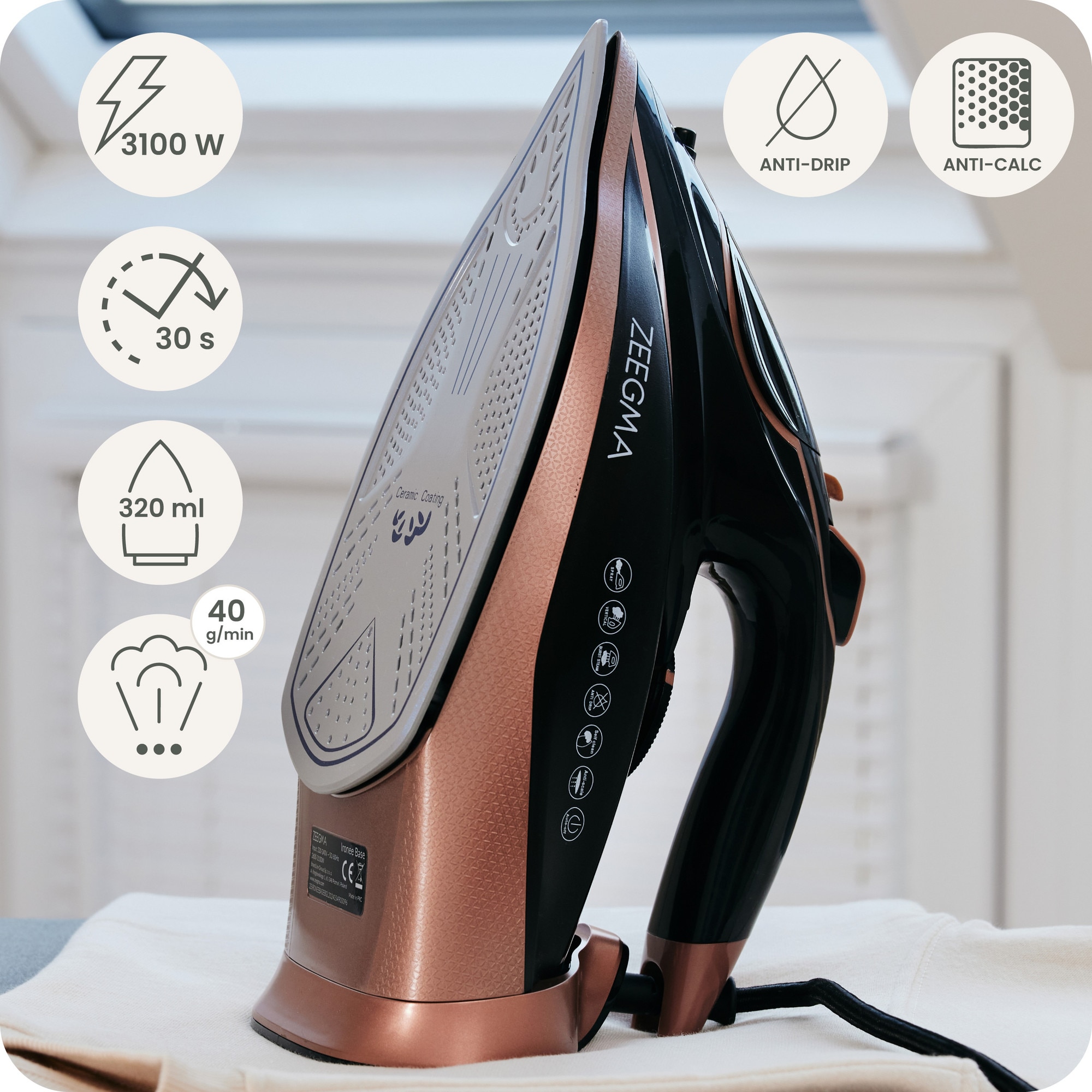 Fier de calcat Zeegma Irone Base Black Gold, 3100 W, Abur variabil 40 g/min, 320 ml, Sistem anti picurare, Functie anticalcar, Aur