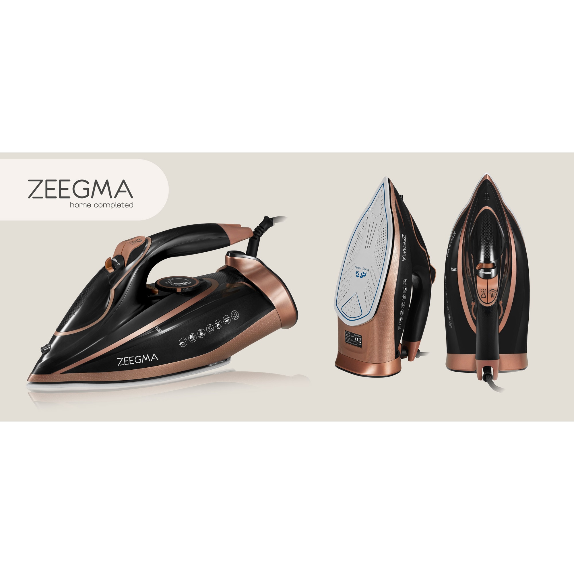 Fier de calcat Zeegma Irone Base Black Gold, 3100 W, Abur variabil 40 g/min, 320 ml, Sistem anti picurare, Functie anticalcar, Aur