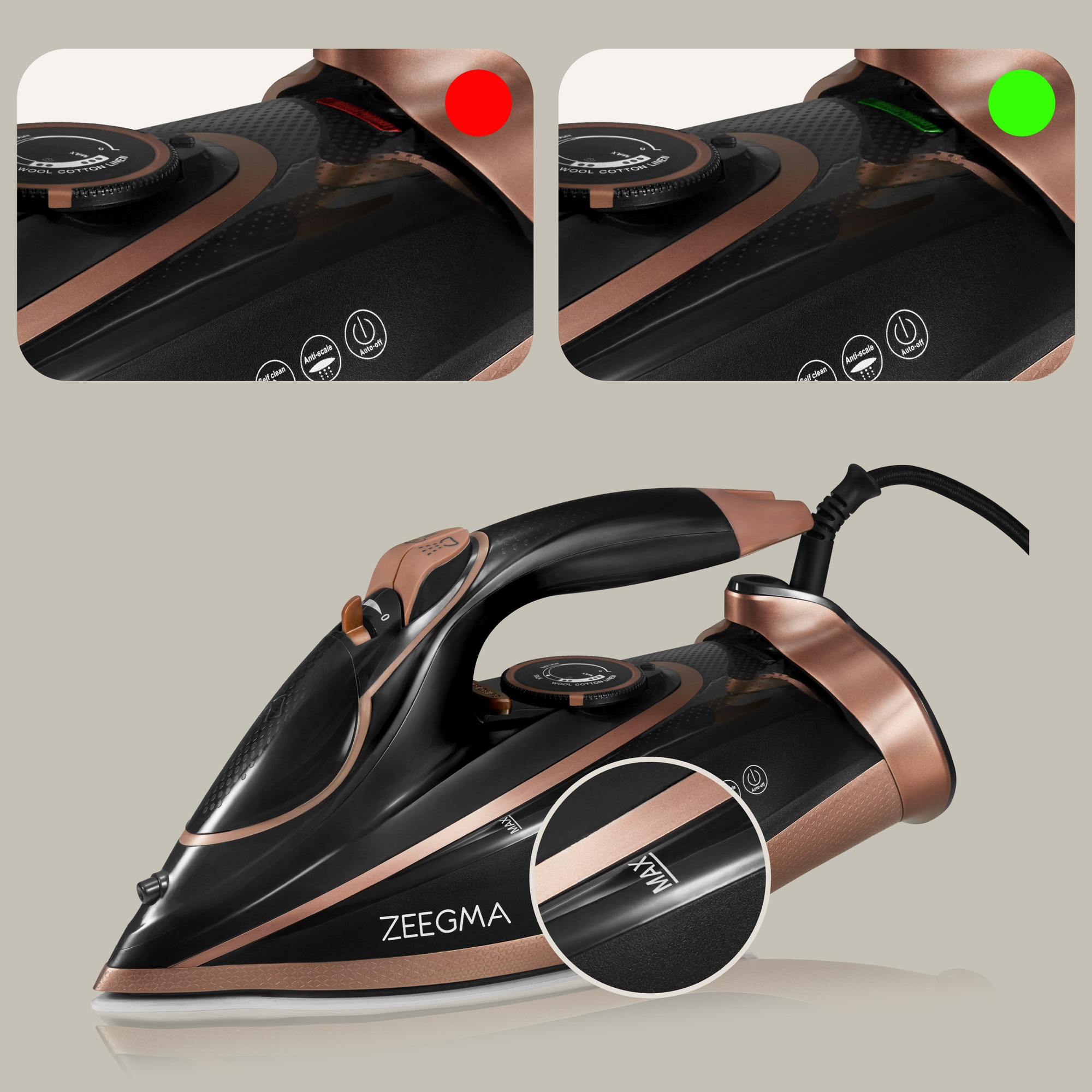 Fier de calcat Zeegma Irone Base Black Gold, 3100 W, Abur variabil 40 g/min, 320 ml, Sistem anti picurare, Functie anticalcar, Aur