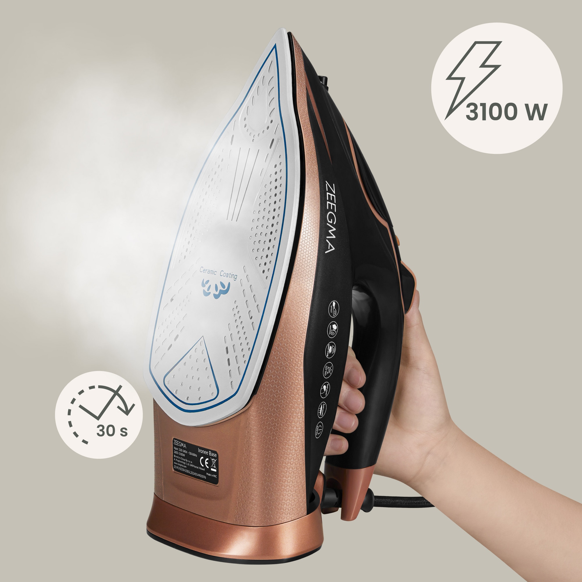 Fier de calcat Zeegma Irone Base Black Gold, 3100 W, Abur variabil 40 g/min, 320 ml, Sistem anti picurare, Functie anticalcar, Aur