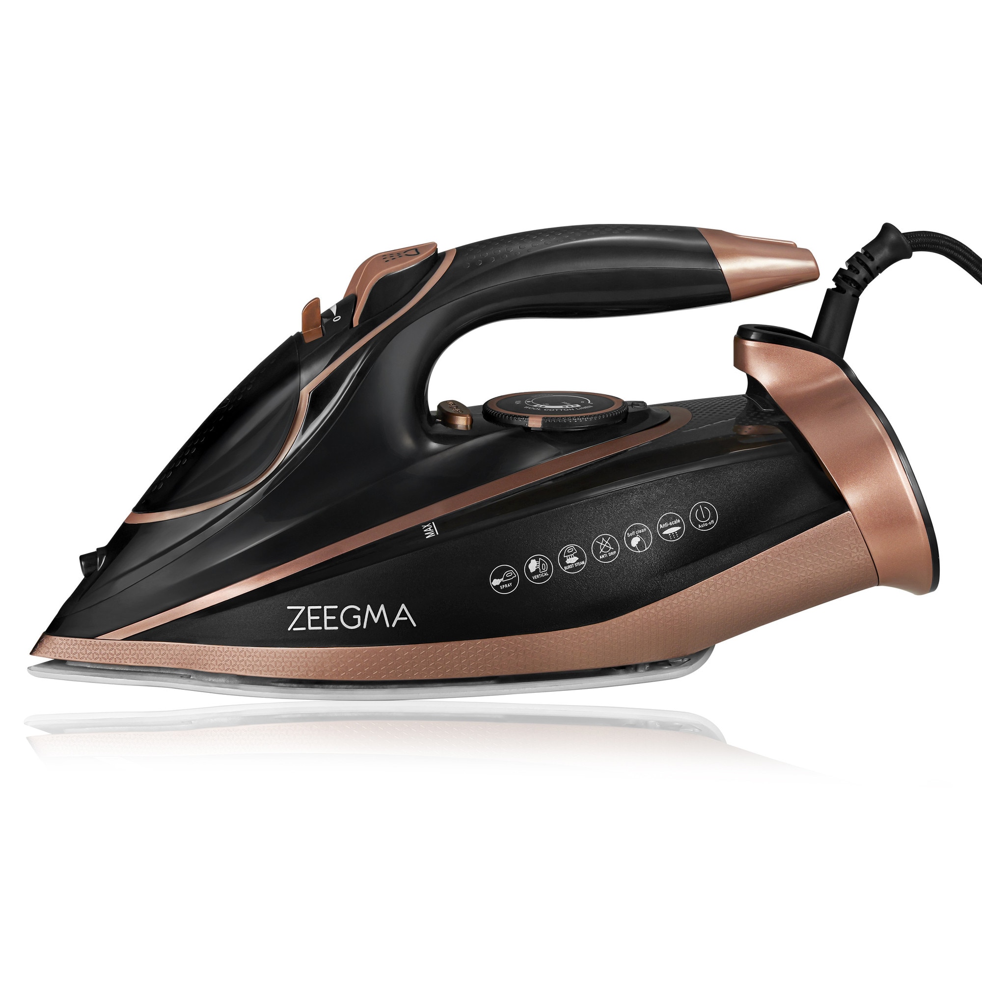 Fier de calcat Zeegma Irone Base Black Gold, 3100 W, Abur variabil 40 g/min, 320 ml, Sistem anti picurare, Functie anticalcar, Aur