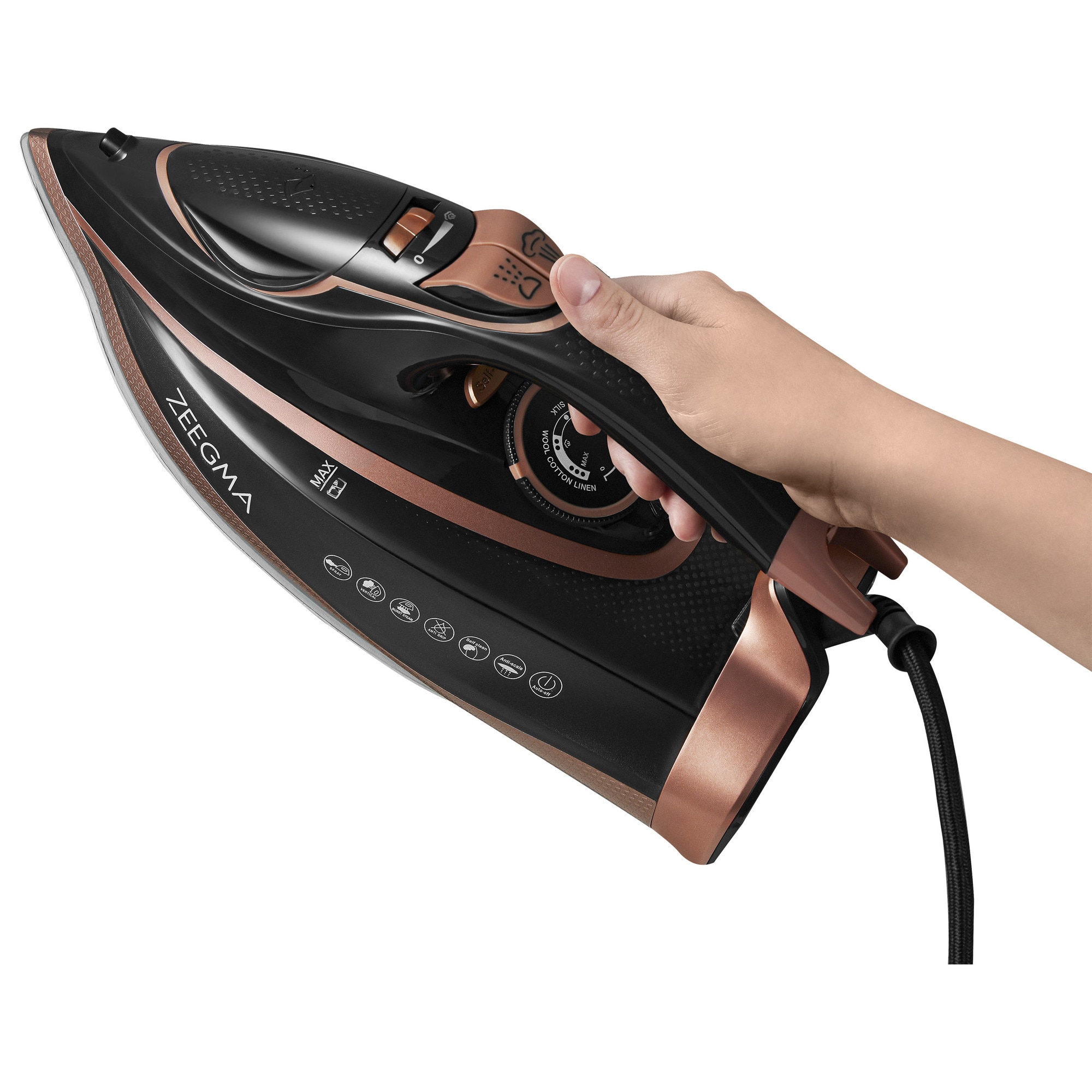 Fier de calcat Zeegma Irone Base Black Gold, 3100 W, Abur variabil 40 g/min, 320 ml, Sistem anti picurare, Functie anticalcar, Aur