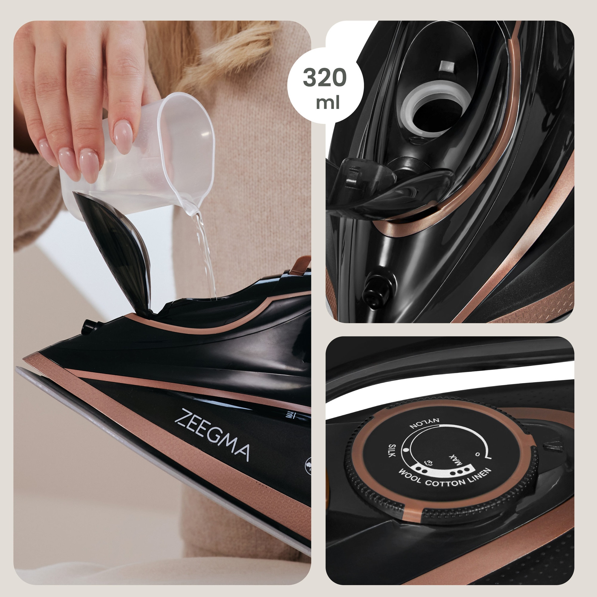 Fier de calcat Zeegma Irone Base Black Gold, 3100 W, Abur variabil 40 g/min, 320 ml, Sistem anti picurare, Functie anticalcar, Aur