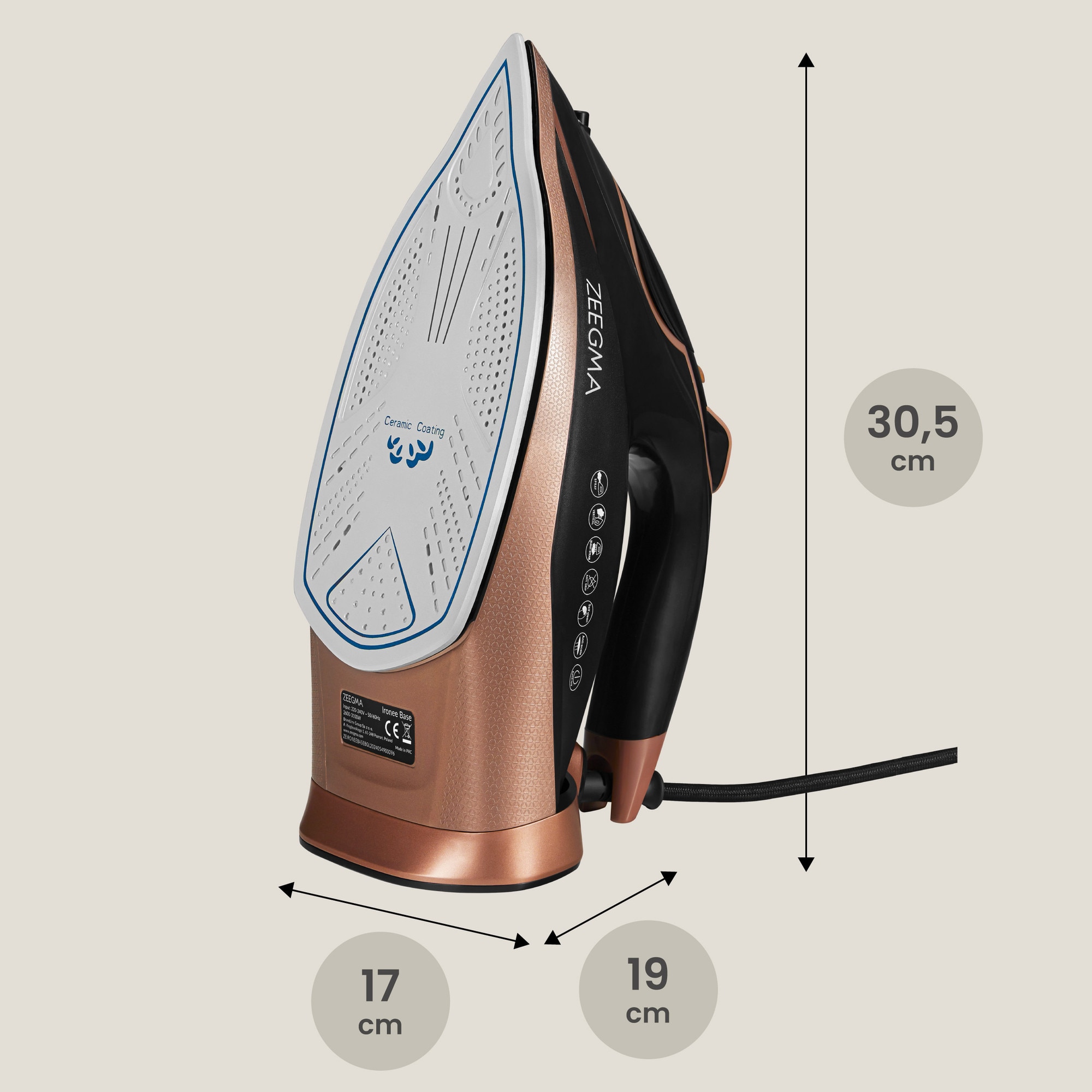 Fier de calcat Zeegma Irone Base Black Gold, 3100 W, Abur variabil 40 g/min, 320 ml, Sistem anti picurare, Functie anticalcar, Aur