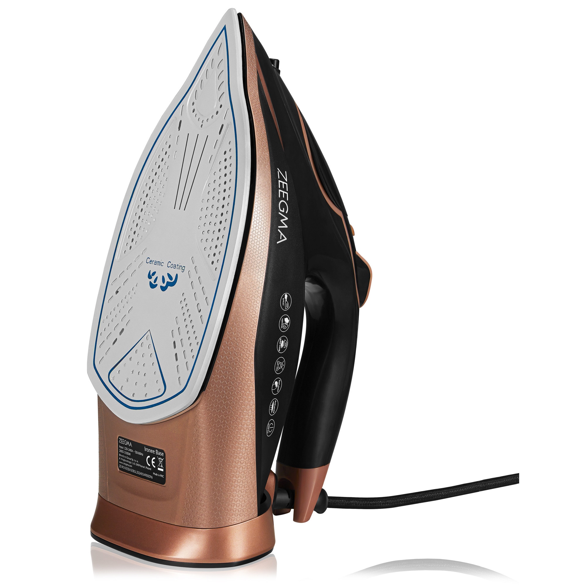 Fier de calcat Zeegma Irone Base Black Gold, 3100 W, Abur variabil 40 g/min, 320 ml, Sistem anti picurare, Functie anticalcar, Aur