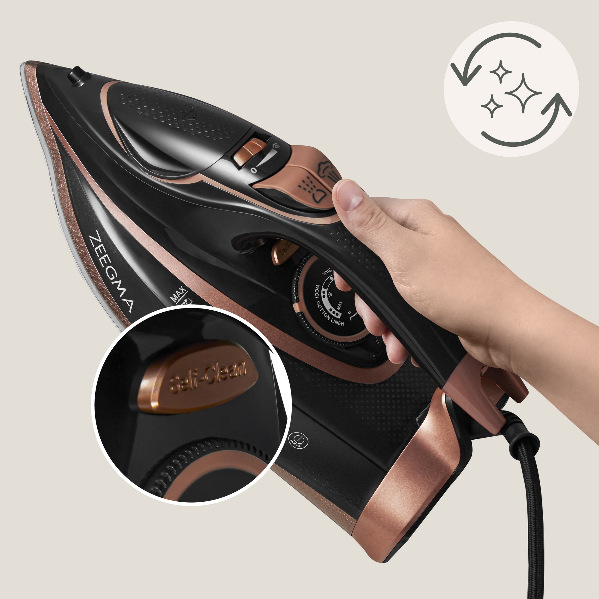 Fier de calcat Zeegma Irone Base Black Gold, 3100 W, Abur variabil 40 g/min, 320 ml, Sistem anti picurare, Functie anticalcar, Aur