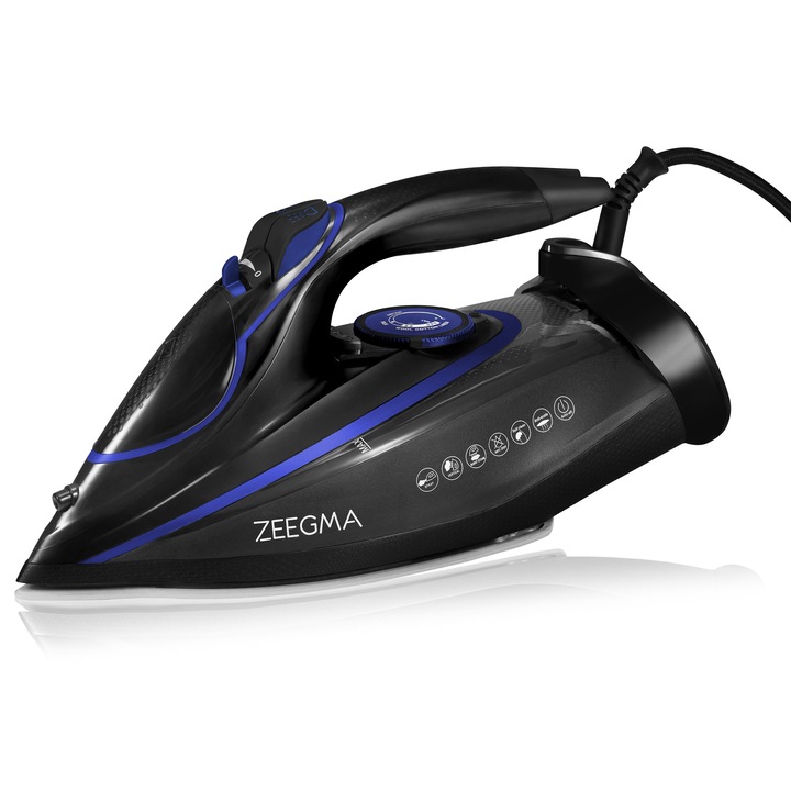 Fier de calcat Zeegma EISIG BASE BLACK BLUE, 3100 W, Abur variabil 40 g/min, 320 ml, Sistem anti picurare, Functie anticalcar, Albastru